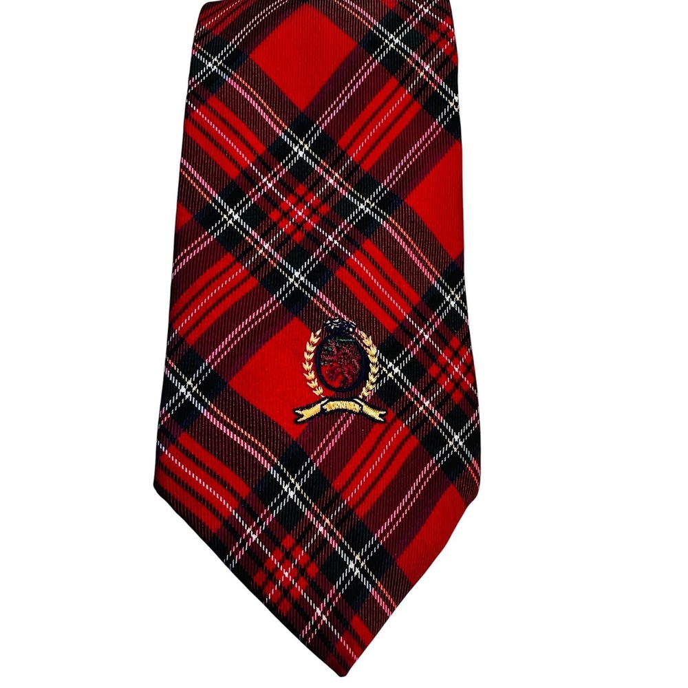 Tommy Hilfiger Mens Silk‎ Tie Red Tartan Plaid Crest Logo Made in USA Italy Silk